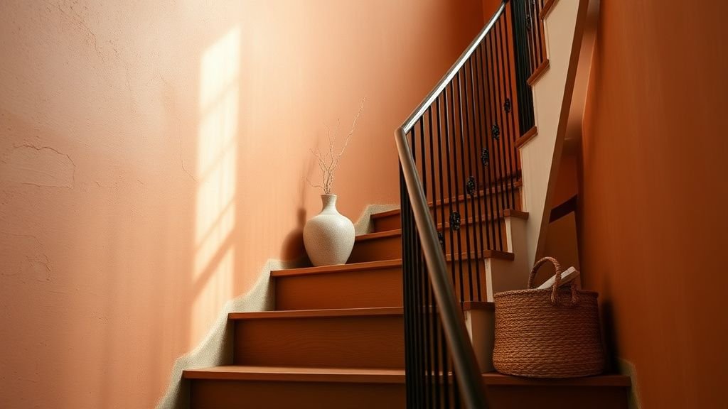 Détail d’escalier ancien modernisé avec finition terracotta, bois mat et textures minérales
