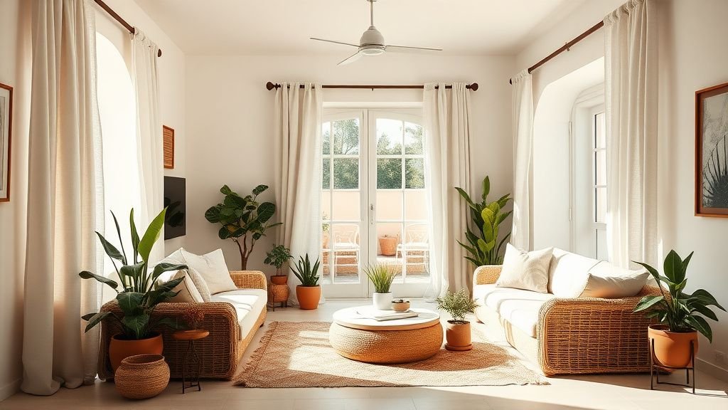 Salon lumineux aux tons terracotta, rideaux en lin clair et plantes en pot pour une ambiance estivale apaisée
