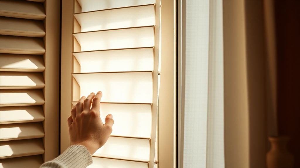 Main fermant des volets en bois près d’un rideau en lin et d’un vase terracotta dans une lumière douce