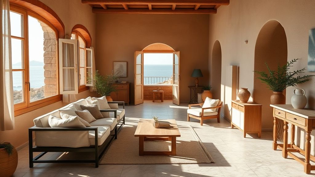 Intérieur méditerranéen terracotta avec pierre claire, lin et vue sur la mer en lumière naturelle