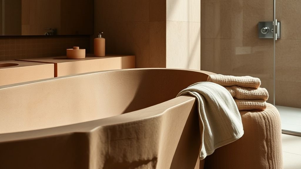 Salle de bains terracotta avec baignoire en pierre, serviettes en lin et murs minéraux