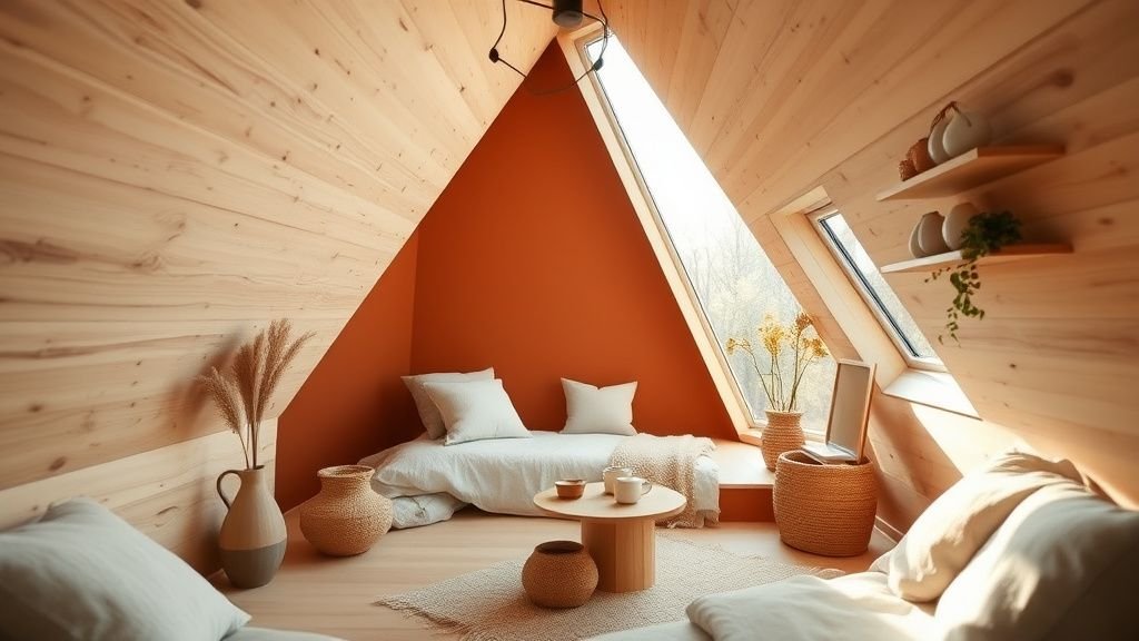 Intérieur de maison préfabriquée triangulaire avec mur terracotta, bois clair et lumière naturelle