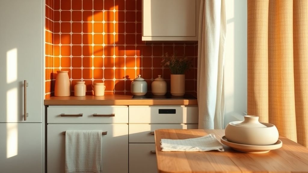 Coin cuisine d’une maison préfabriquée avec crédence en zellige terracotta et plan de travail en bois