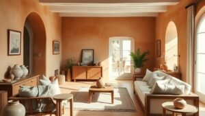 Salon méditerranéen avec murs terracotta, bois chaud et lumière naturelle douce