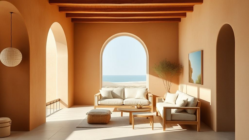 Intérieur de maison terracotta en bord de mer avec murs à la chaux, pierre claire et arches lumineuses