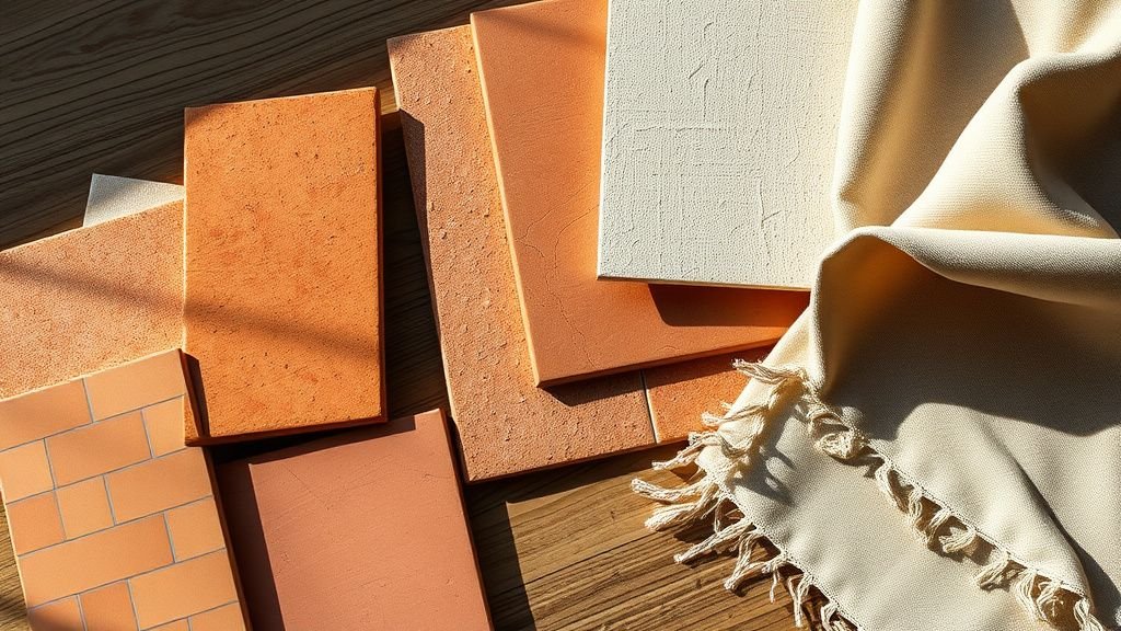 Gros plan sur tomettes, zellige, chaux et lin dans une palette terracotta chaleureuse