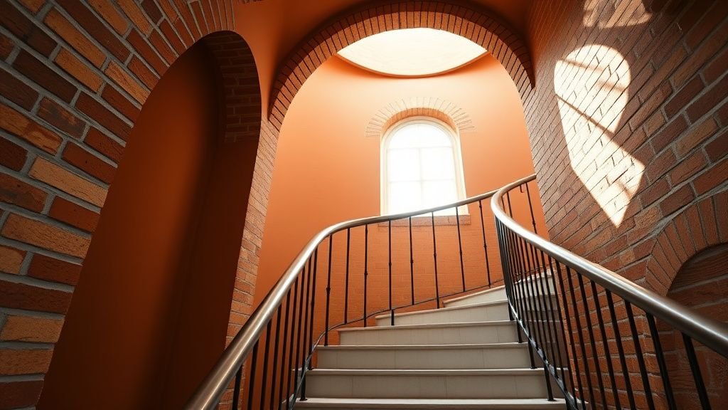 Escalier courbe dans une maison terracotta avec arches en brique, pierre claire et lumière naturelle