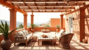 Pergola terracotta sur terrasse méditerranéenne avec bois clair, lin beige et lumière naturelle douce