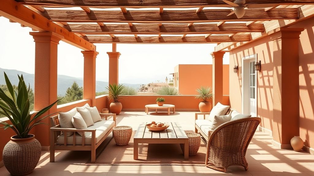 Pergola terracotta sur terrasse méditerranéenne avec bois clair, lin beige et lumière naturelle douce