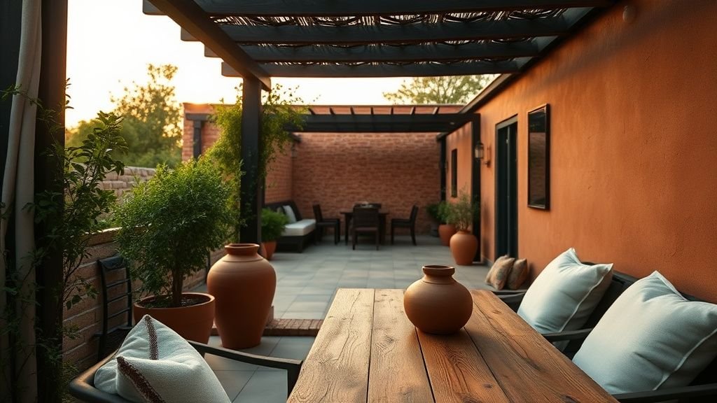 Coin salon extérieur sous pergola avec zellige terracotta, céramiques artisanales et textiles en lin