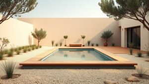Piscine en kit alu dans un jardin contemporain avec plage terracotta, pierre claire et végétation basse