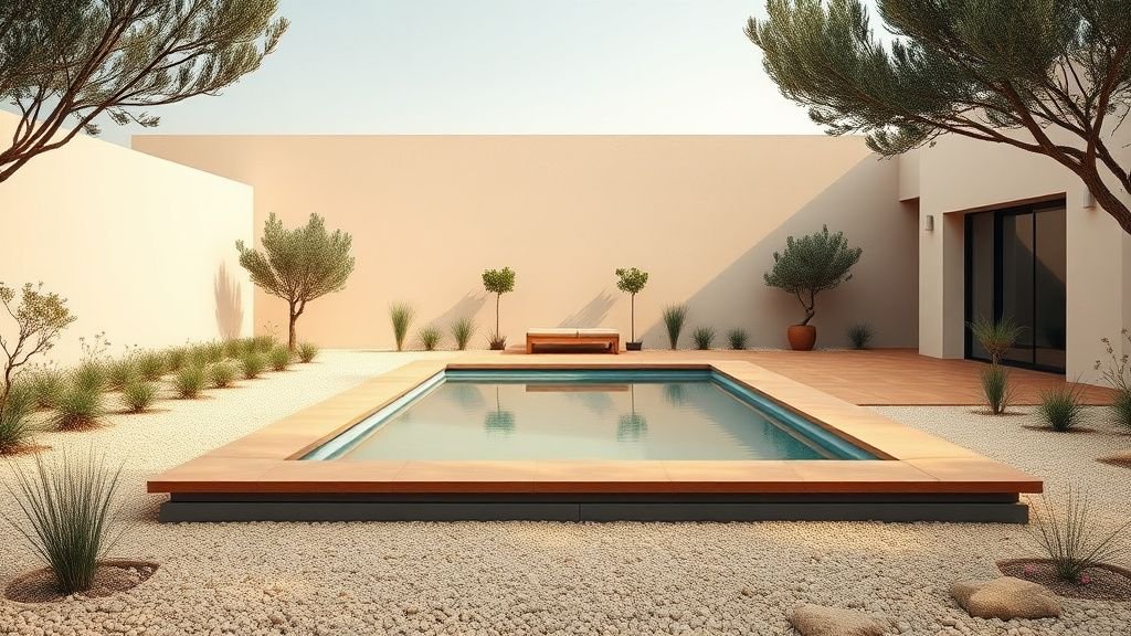 Piscine en kit alu dans un jardin contemporain avec plage terracotta, pierre claire et végétation basse