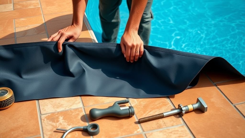 Mains en train d’installer un liner près d’une piscine en kit alu sur un sol en pierre terracotta