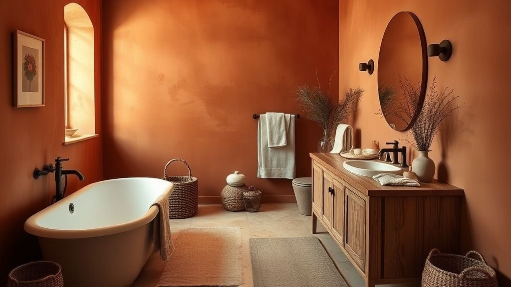 Salle de bains terracotta chaleureuse avec bois clair, lin et lumière douce façon salon