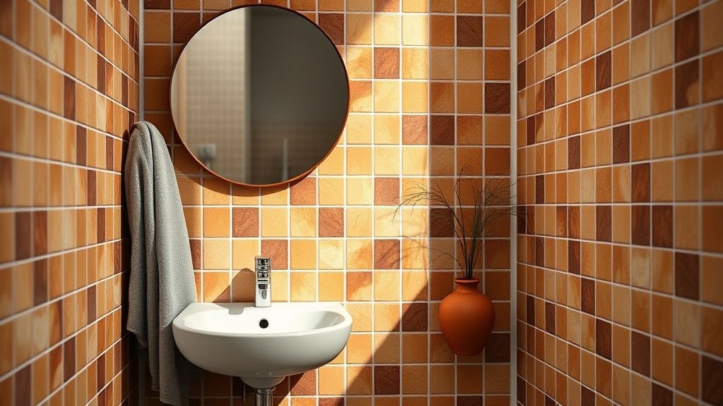 Coin de salle de bains avec zellige terracotta, miroir rond et textile en lin naturel