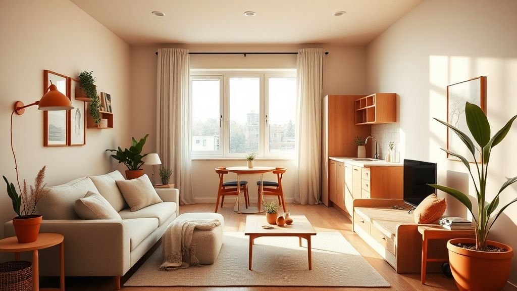 Intérieur contemporain compact avec accents terracotta, bois clair, lin et plantes en pots