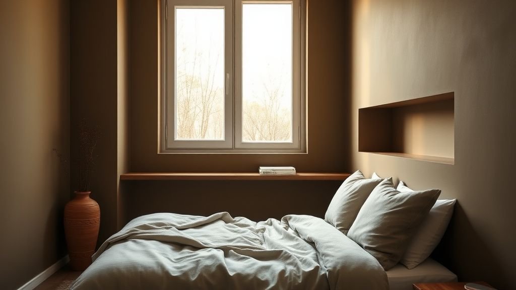 Petite chambre aux murs vert olive avec linge en lin et vase en terre cuite près de la fenêtre