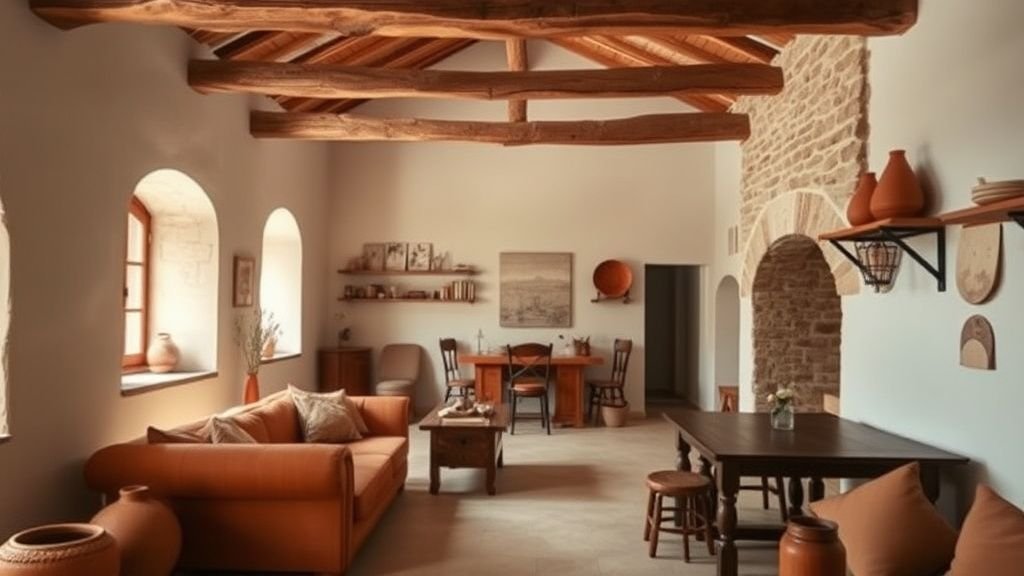 Intérieur de ferme rénovée avec murs de pierre, poutres apparentes et accents terracotta chaleureux