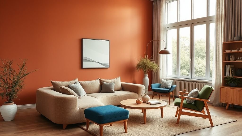Salon inspiré des années 90 avec mur terracotta, canapé bas et accents bleu cobalt en lumière naturelle