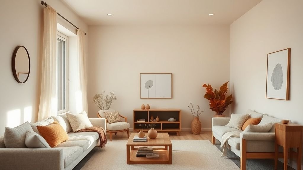 Salon scandinave lumineux avec accents terracotta, bois clair et textiles en lin dans une ambiance douce