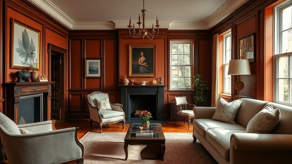 Salon romantique aux tons terracotta avec boiseries, lin et fauteuil vintage dans une lumière naturelle douce