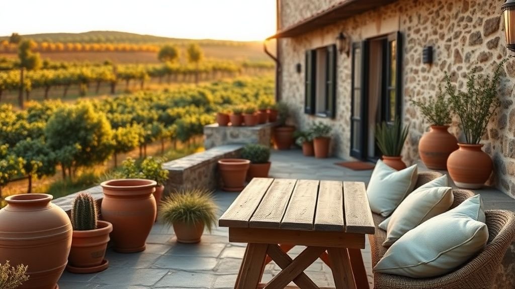 Terrasse méditerranéenne avec pots en terre cuite, table en bois et lumière dorée au coucher du soleil