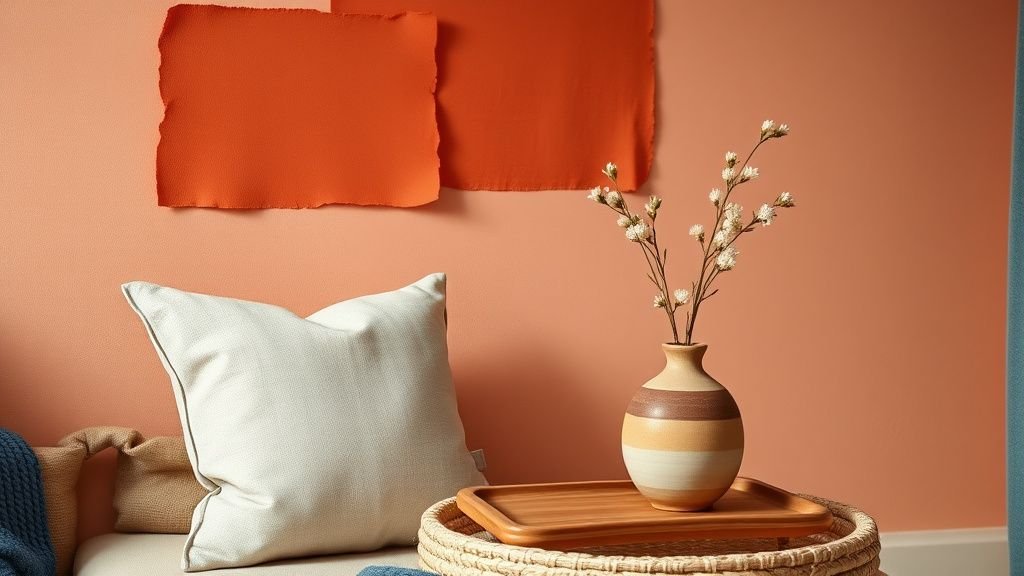 Détails déco terracotta avec lin, céramique artisanale et touches rétro dans une lumière douce