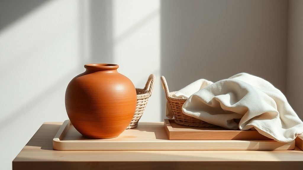 Nature morte déco avec vase terracotta, lin et bois clair dans une composition minimaliste et chaleureuse