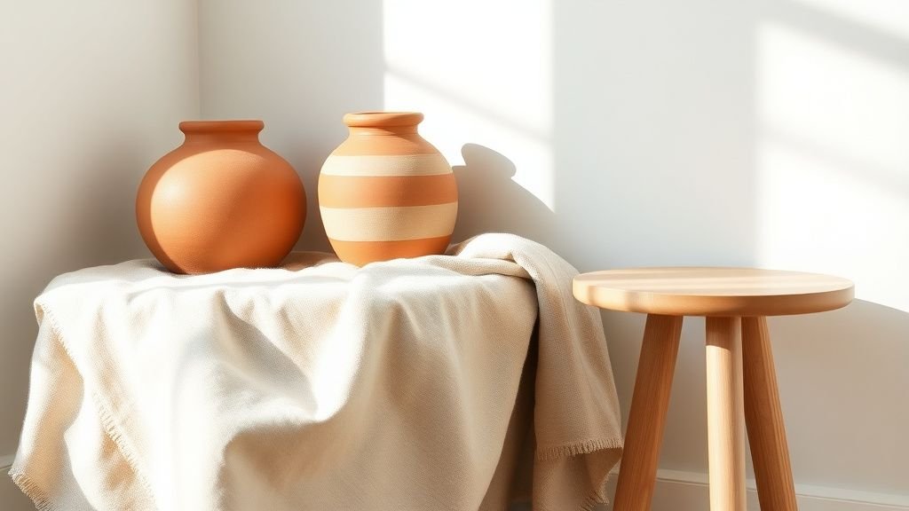 Détail d’objets en terracotta, lin et bois clair dans un intérieur lumineux et apaisant