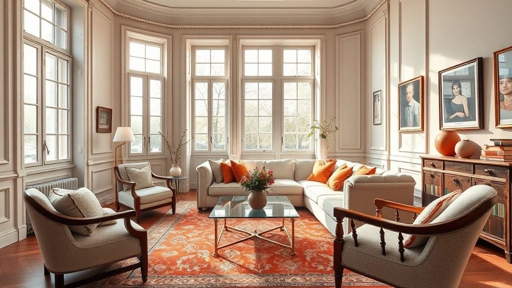 Salon d’appartement ancien avec moulures, lumière naturelle et accents terracotta chaleureux