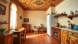 Appartement terracotta avec tomettes anciennes, fresques au plafond et mobilier vintage dans une lumière douce