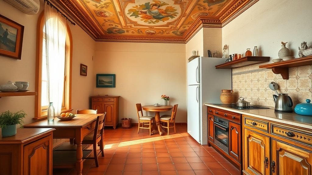 Appartement terracotta avec tomettes anciennes, fresques au plafond et mobilier vintage dans une lumière douce