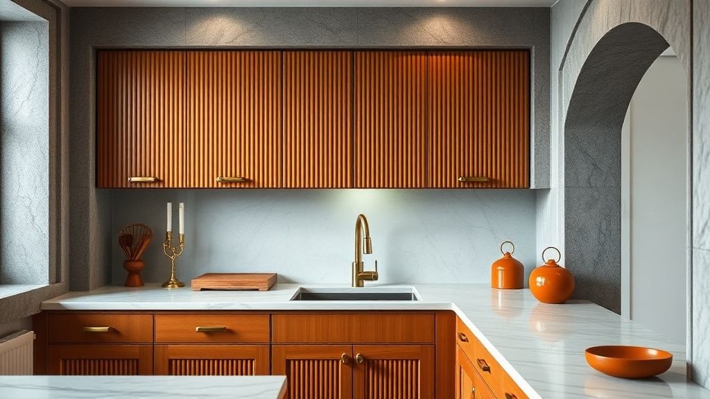 Cuisine discrète aux façades en bois cannelé, marbre et détails terracotta sous lumière naturelle