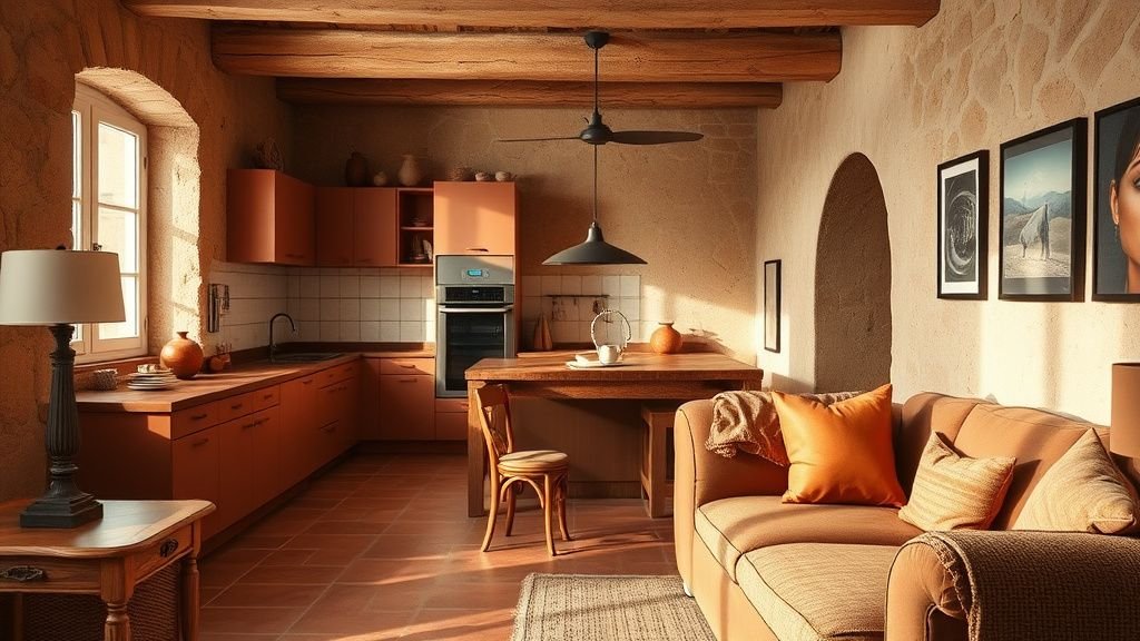 Cuisine ouverte terracotta avec plan minéral rouge, mobilier sur mesure et ambiance chaleureuse