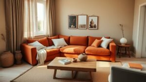Salon lumineux avec canapé convertible terracotta, rideaux en lin et matières naturelles