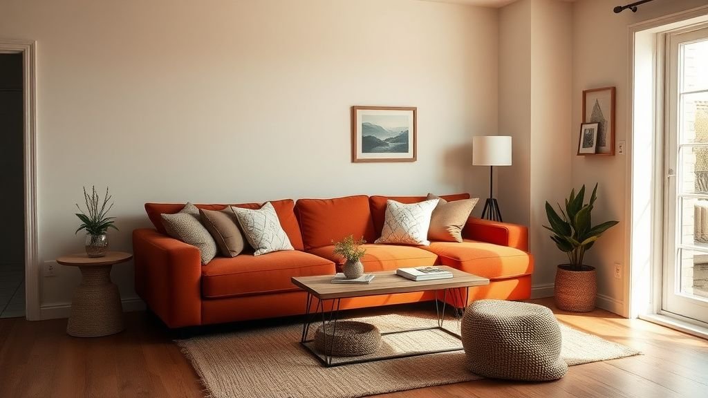 Petit salon lumineux avec canapé d’angle terracotta, mur clair, bois chaud et tapis texturé