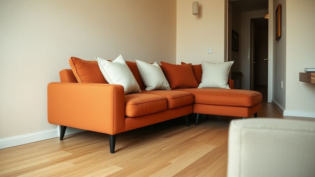Canapé d’angle terracotta aux pieds fins dans un salon compact avec circulation dégagée