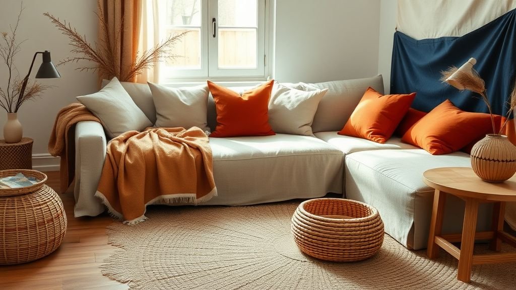 Salon chaleureux avec textiles terracotta, beige et bleu profond, ambiance inspirée des drapeaux du monde