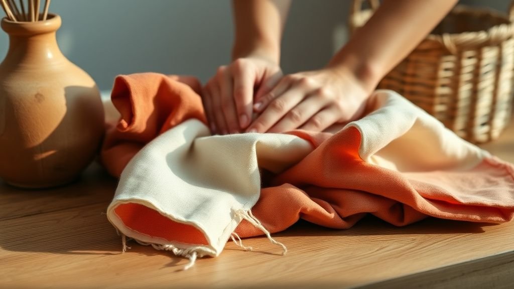 Mains pliant un textile lin terracotta sur une table en bois avec vase en céramique et panier tressé