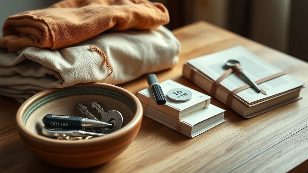 Détails d’un intérieur terracotta organisé avec clés, linge en lin et surface en bois