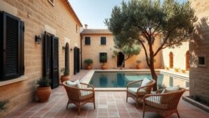 Façade d’une finca méditerranéenne avec pierre claire, volets noirs, tomettes et jardin d’oliviers