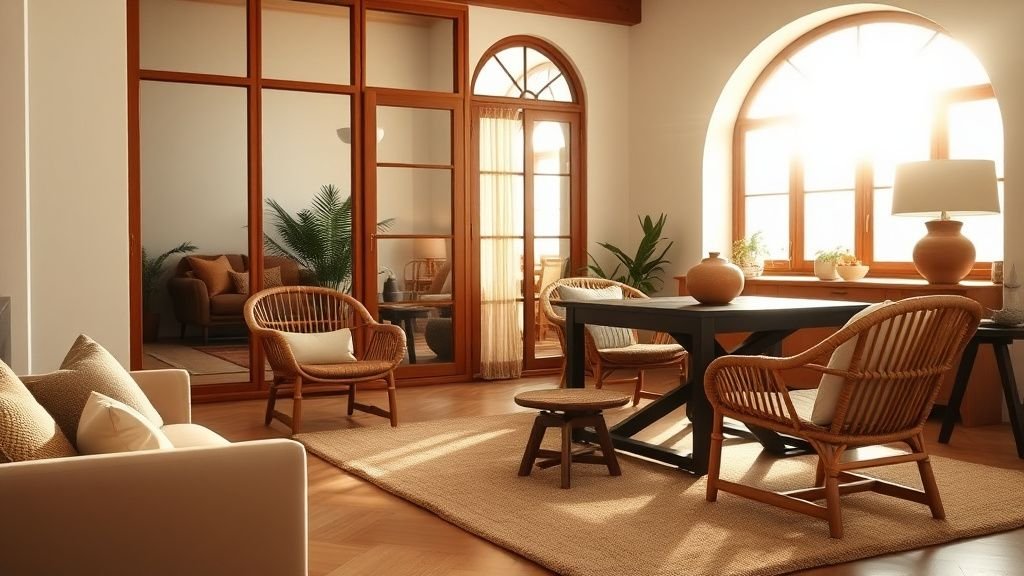 Salon méditerranéen avec rotin, tapis terracotta, verrière en bois et lumière naturelle