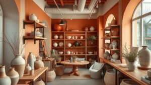 Showroom déco compact avec accents terracotta, bois chaud et textiles naturels sous lumière douce