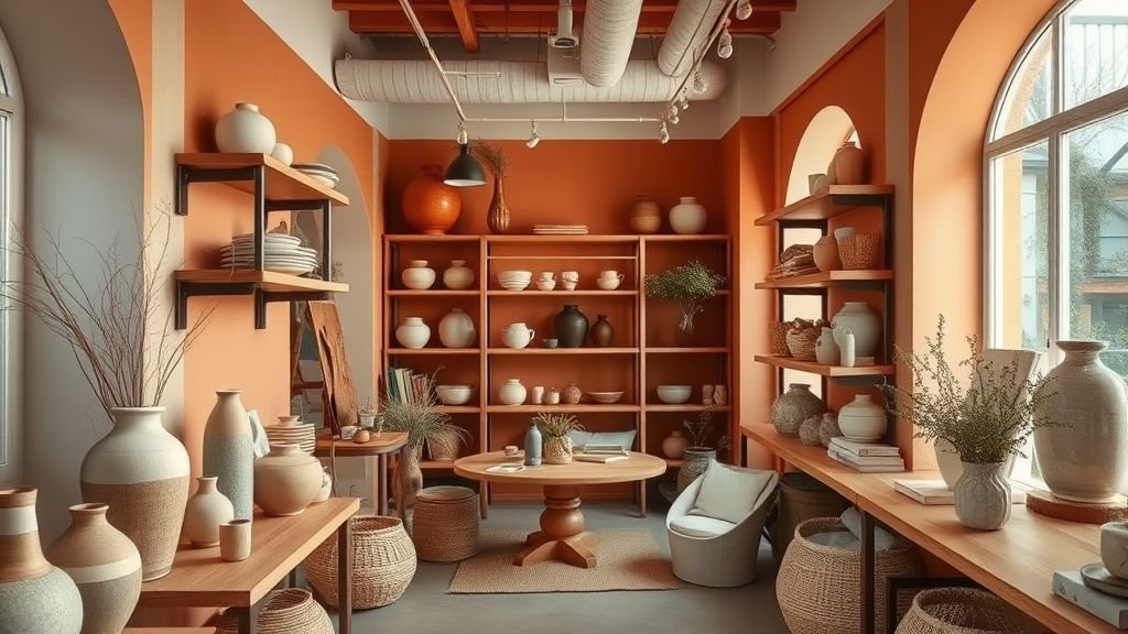 Showroom déco compact avec accents terracotta, bois chaud et textiles naturels sous lumière douce