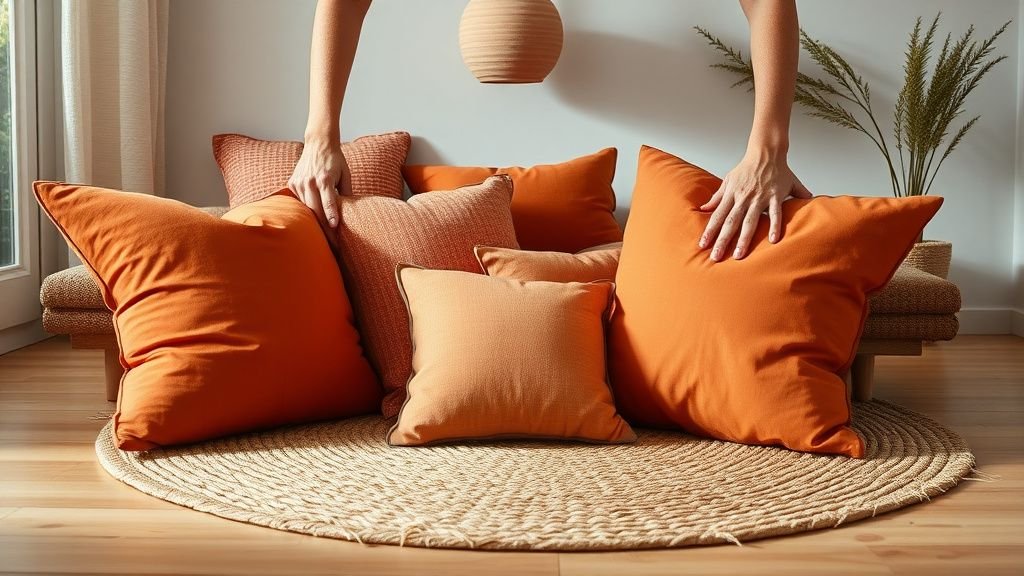 Mains disposant des coussins terracotta, une lampe en céramique et un tapis tissé dans un salon chaleureux