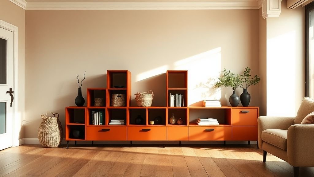 Salon lumineux avec une étagère KALLAX rouille, mur clair, bois chaud et céramiques artisanales