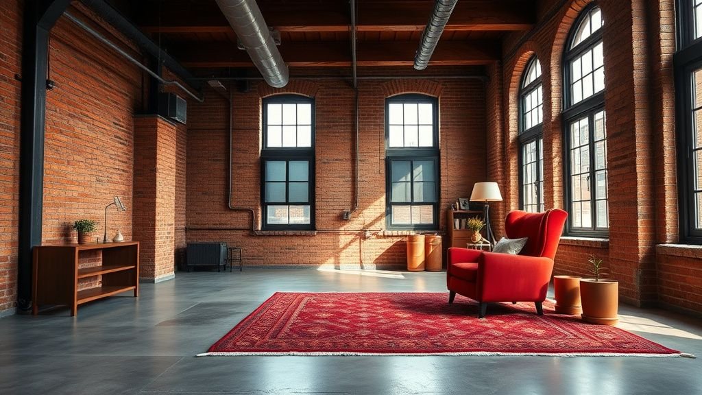 Loft terracotta avec brique apparente, poutres sombres, béton poli et fauteuil en velours roux