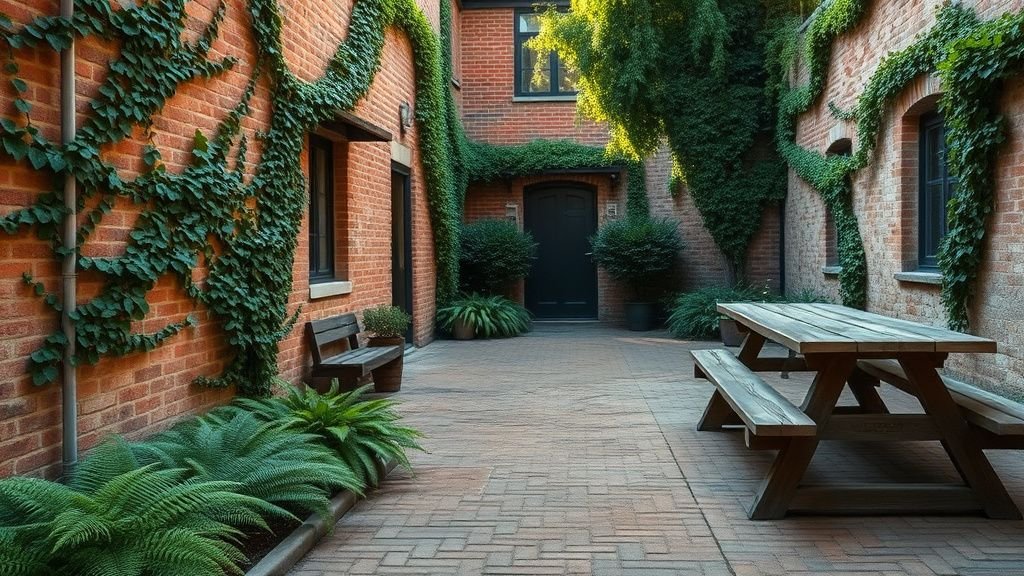 Cour intérieure végétalisée avec murs de pierre, table en bois vieilli et briques patinées