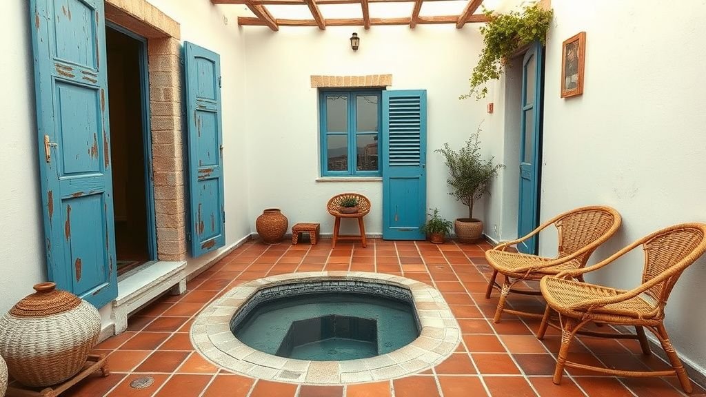 Maison de pêcheur terracotta avec terrasse en terre cuite, volets bleus et petite piscine au soleil