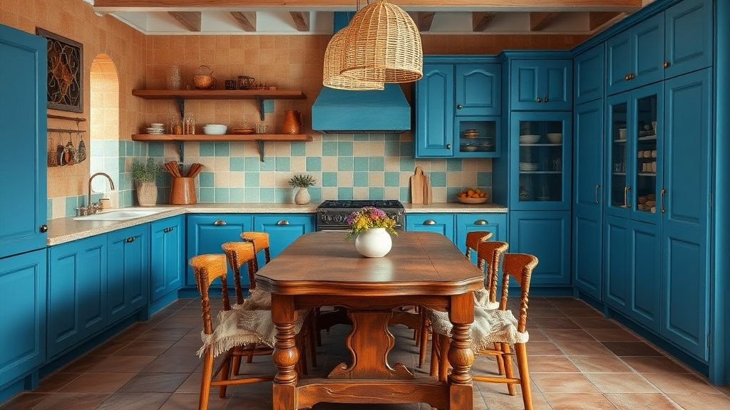 Cuisine méditerranéenne terracotta avec crédence caramel, meubles bleus et sol en terre cuite